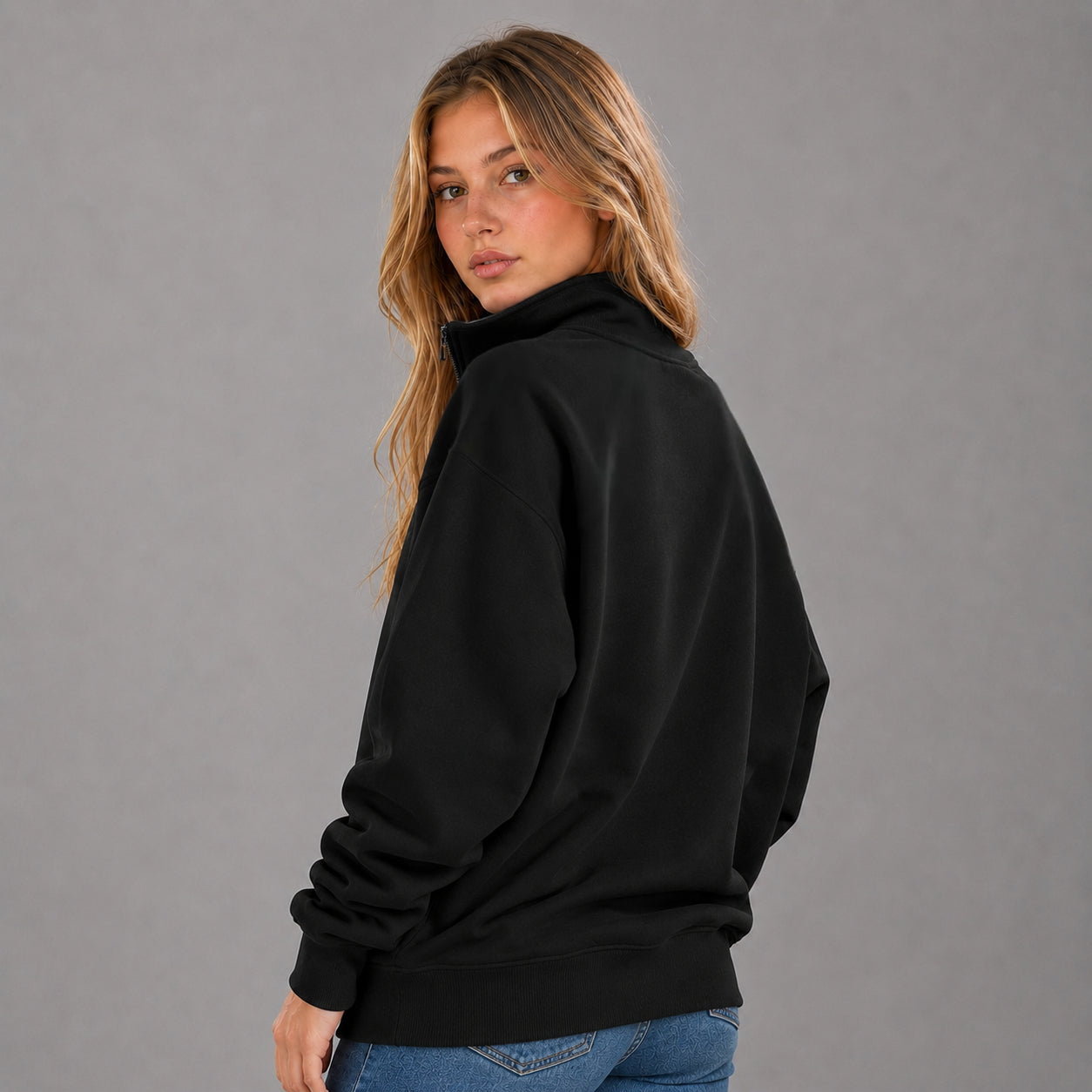 KEYNOO Oversized Quarter Zipper Sweatshirt- Black