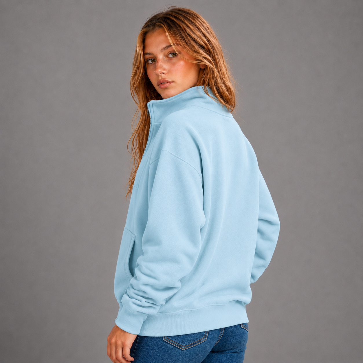 KEYNOO Oversized Half Zip Sweatshirt- Sky Blue
