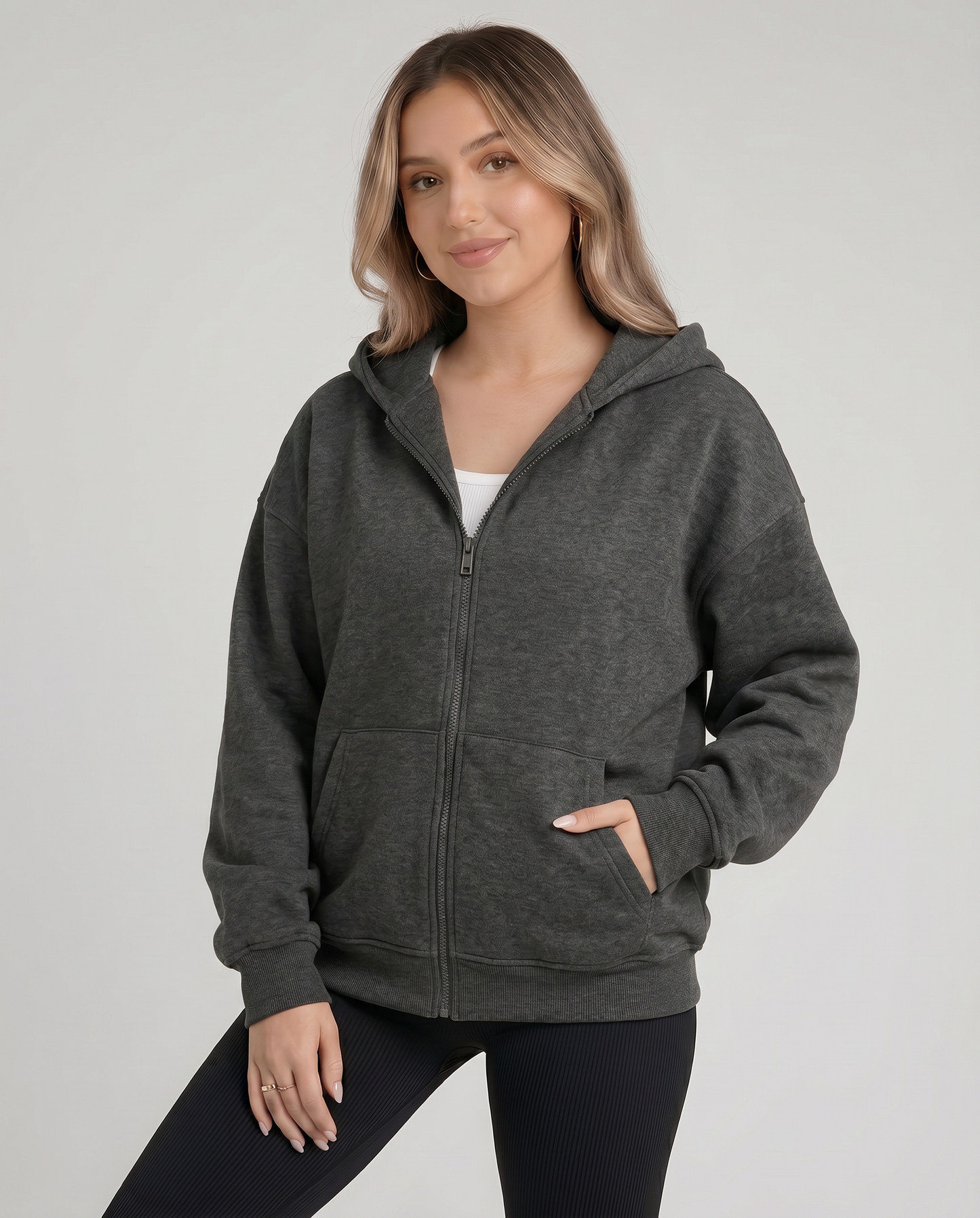 KEYNOO Oversized Zip Up Hoodie - Charcoal