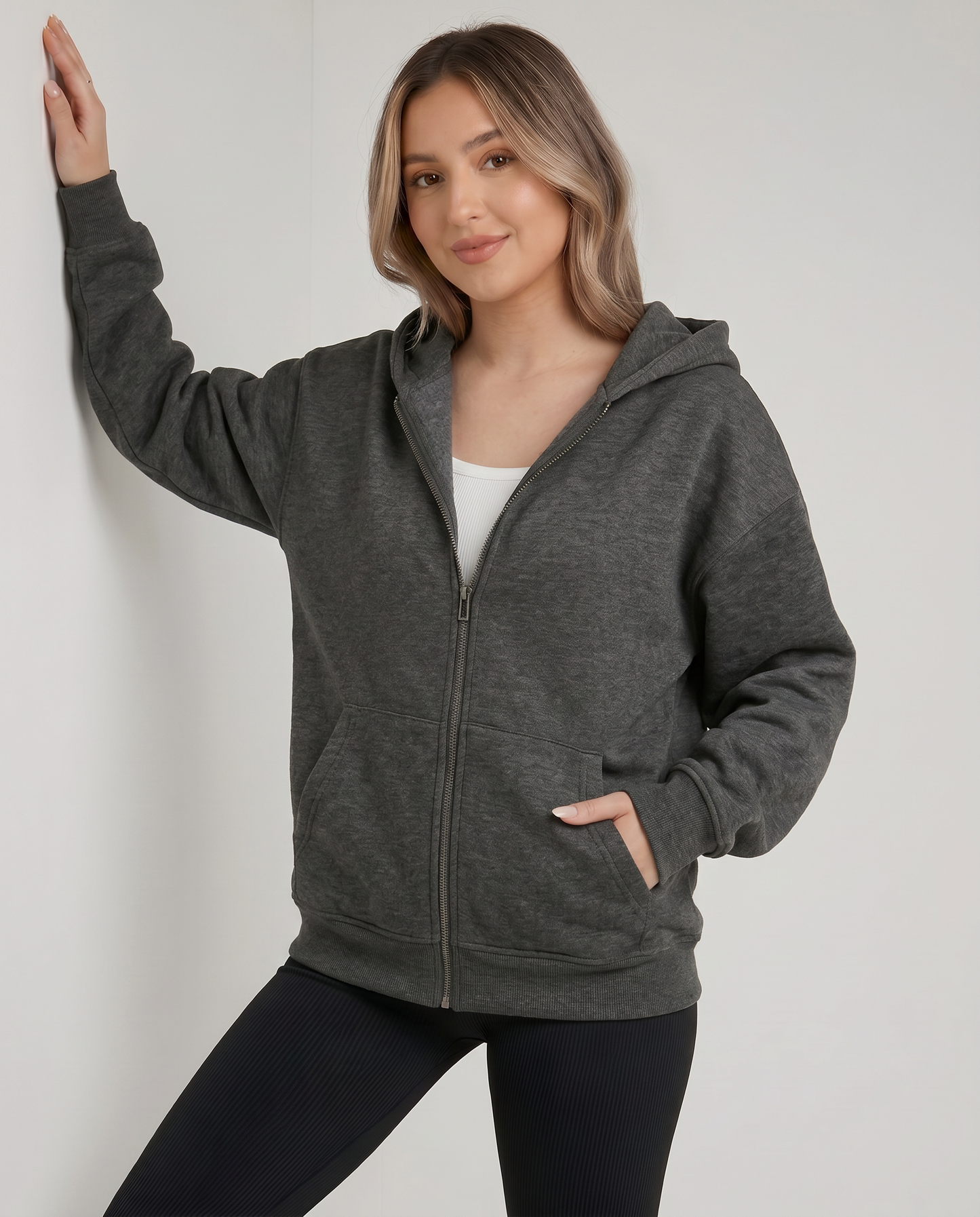 KEYNOO Oversized Zip Up Hoodie - Charcoal