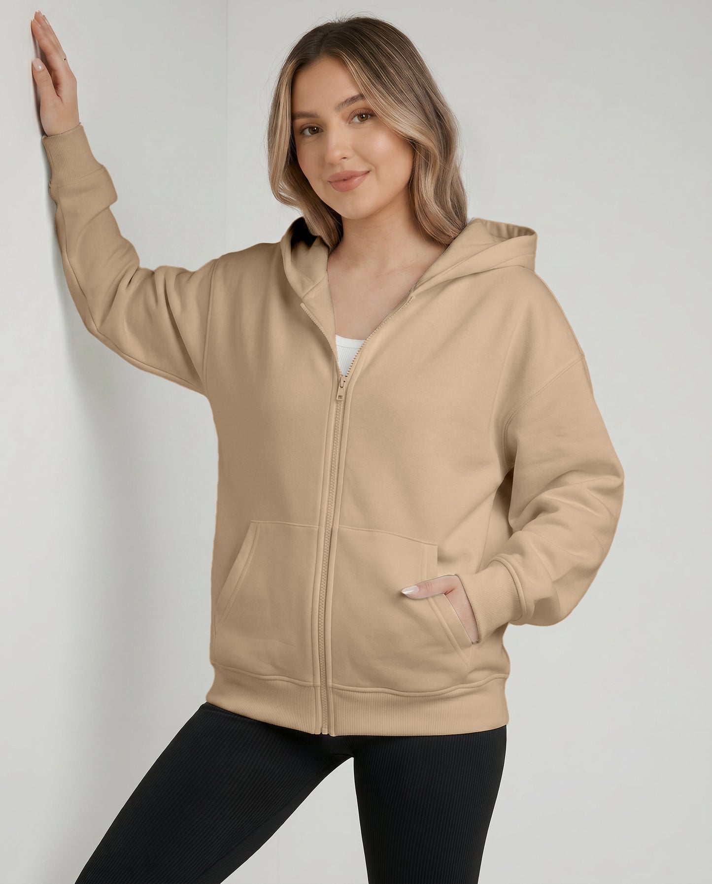 KEYNOO Oversized Zip Up Hoodie - Oatmeal