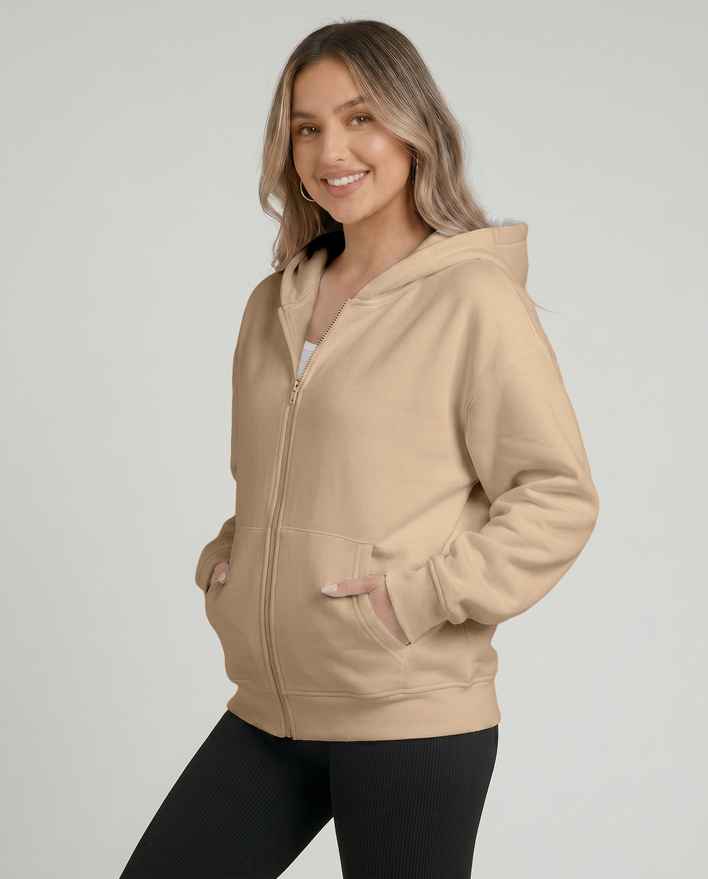 KEYNOO Oversized Zip Up Hoodie - Oatmeal