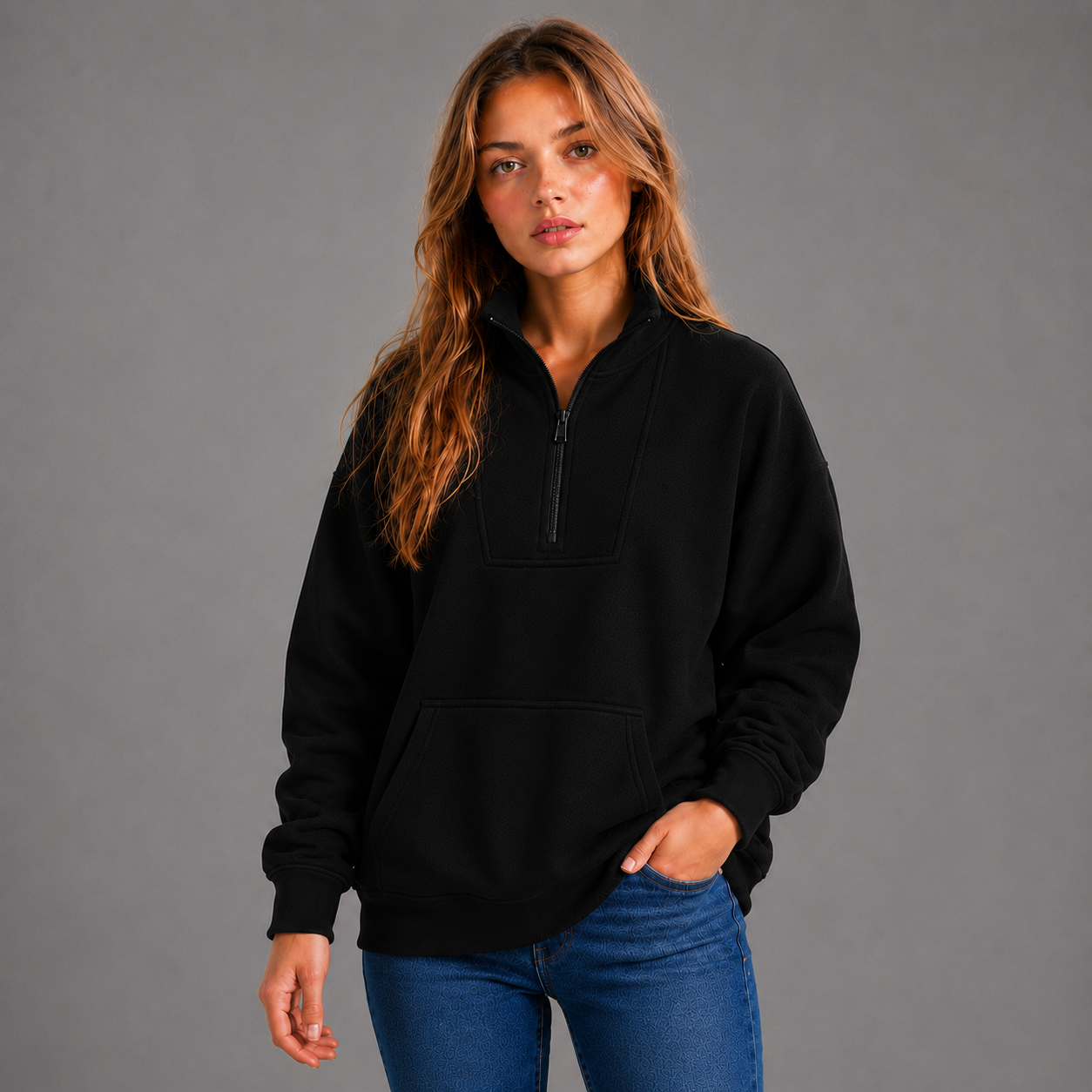 KEYNOO Oversized Half Zip Sweatshirt- Black
