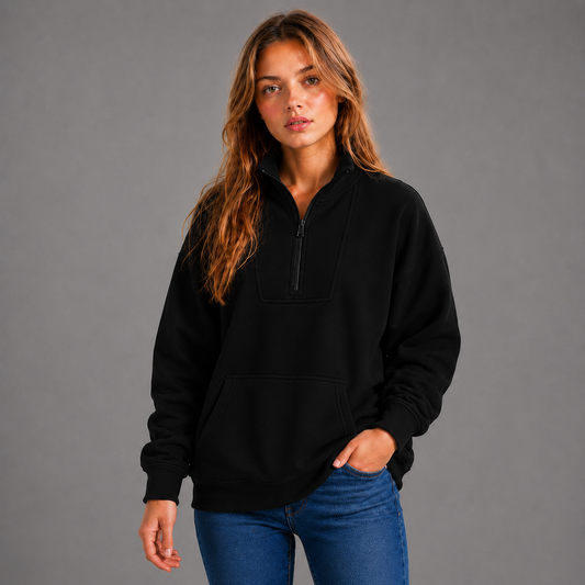 KEYNOO Oversized Half Zip Sweatshirt- Black
