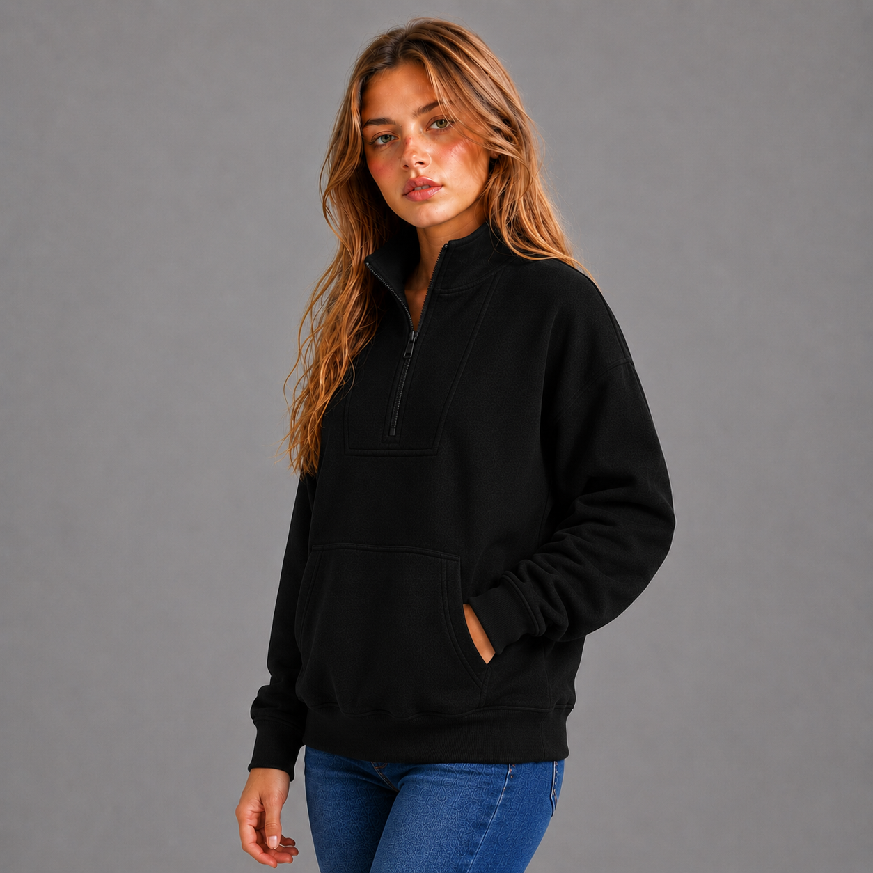 KEYNOO Oversized Half Zip Sweatshirt- Black
