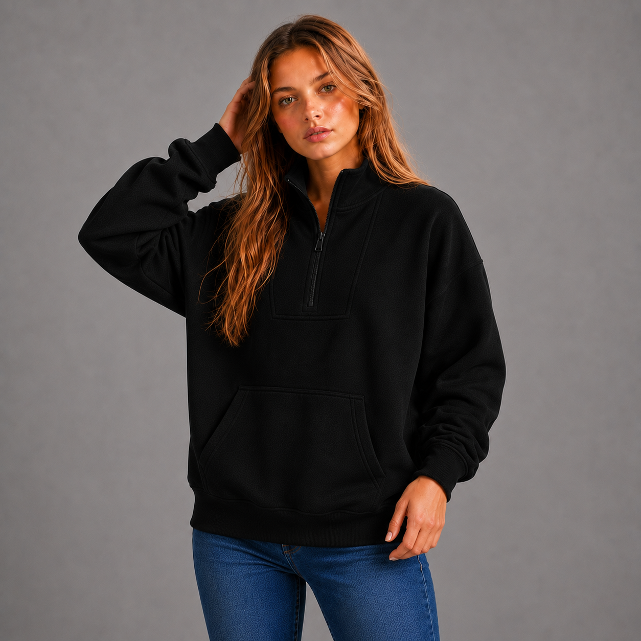 KEYNOO Oversized Half Zip Sweatshirt- Black