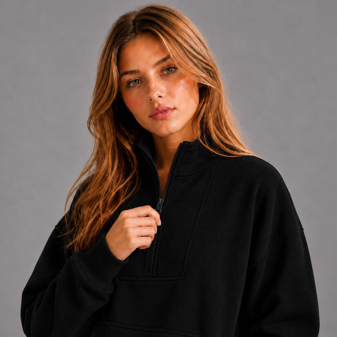 KEYNOO Oversized Half Zip Sweatshirt- Black