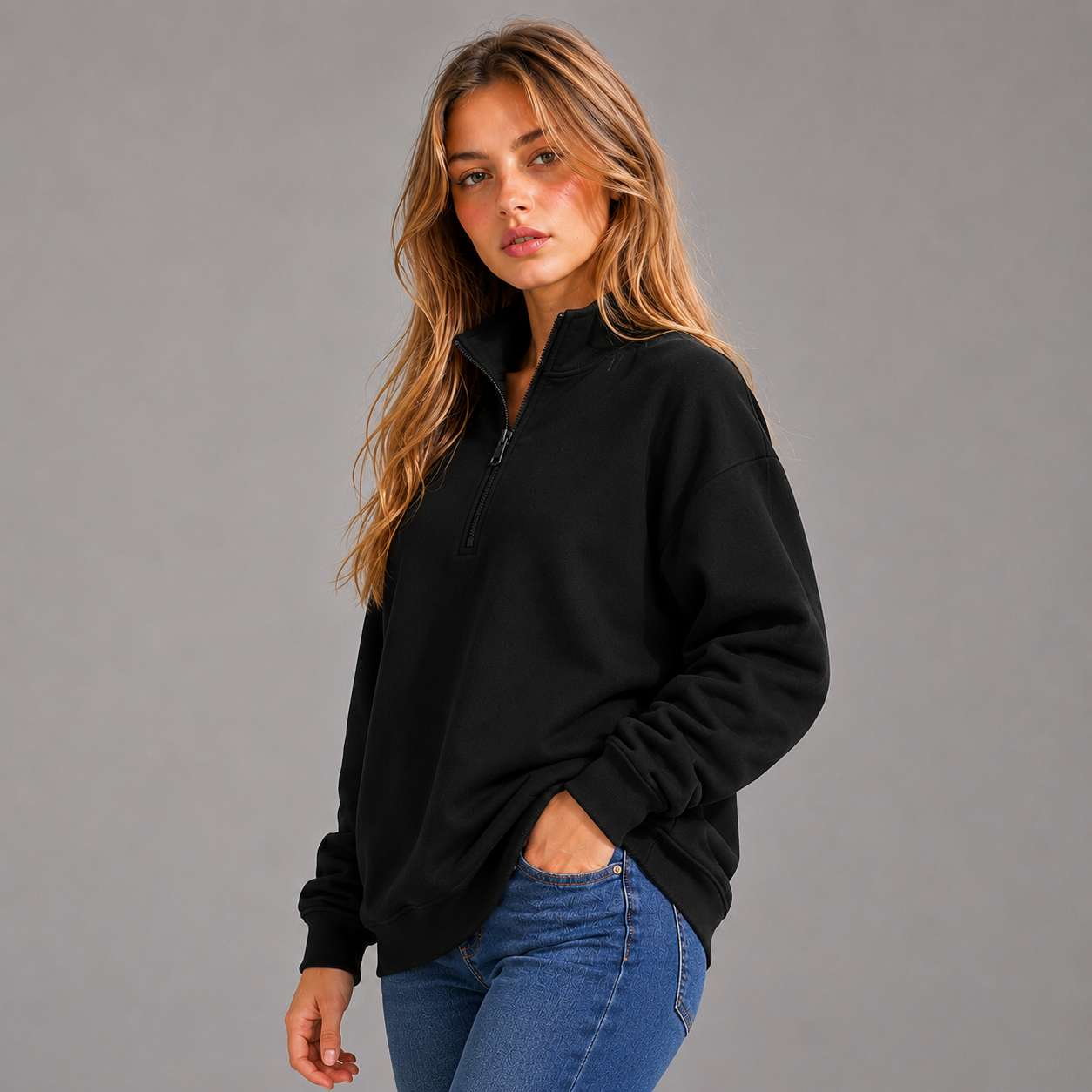 KEYNOO Oversized Quarter Zipper Sweatshirt- Black