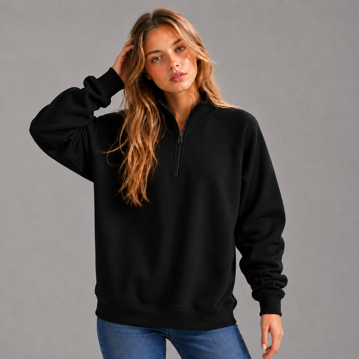 KEYNOO Oversized Quarter Zipper Sweatshirt- Black