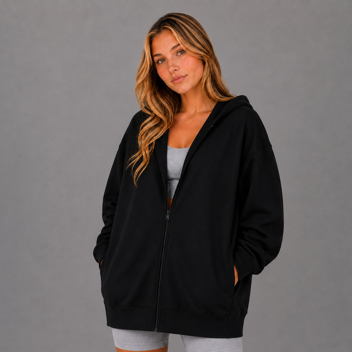 KEYNOO Oversized Zip Up Hoodie - Black