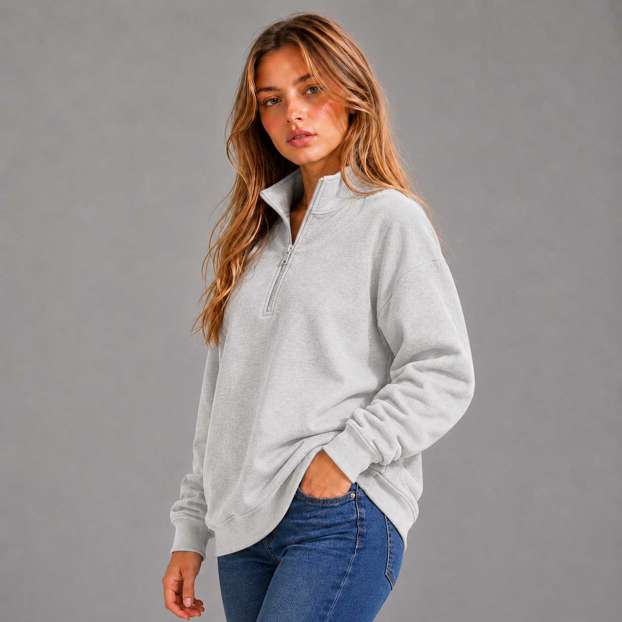 KEYNOO Oversized Quarter Zipper Sweatshirt- Bleached Gray