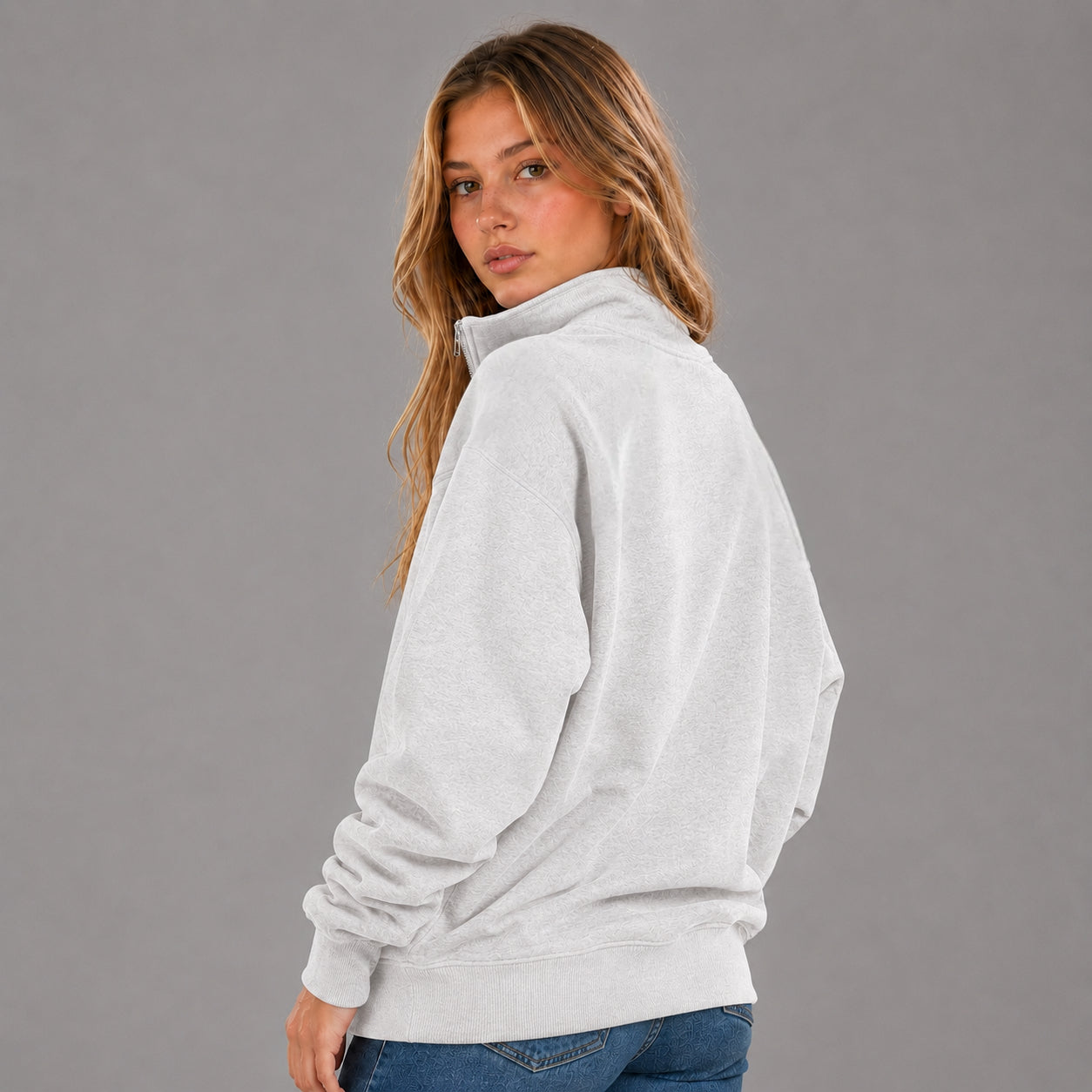 KEYNOO Oversized Quarter Zipper Sweatshirt- Bleached Gray