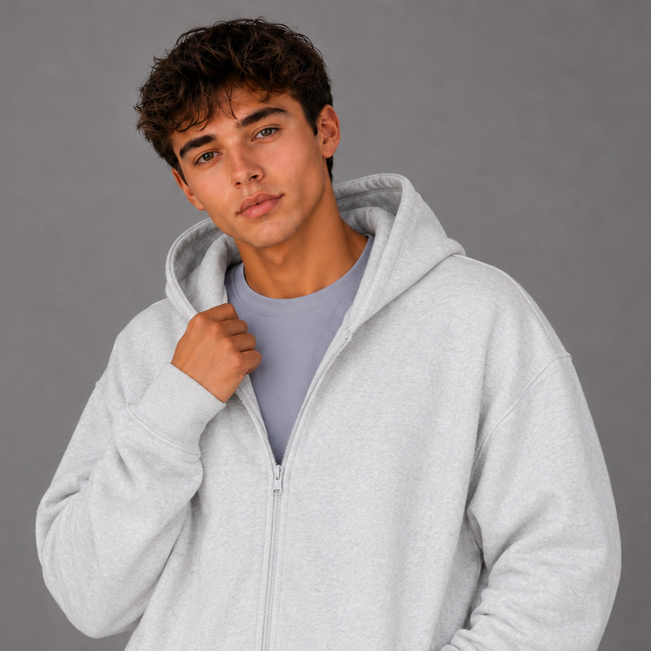 Oversized Zip Up Hoodie - Bleached Gray