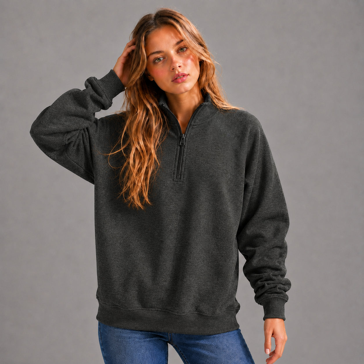 KEYNOO Oversized Quarter Zipper Sweatshirt- Charcoal