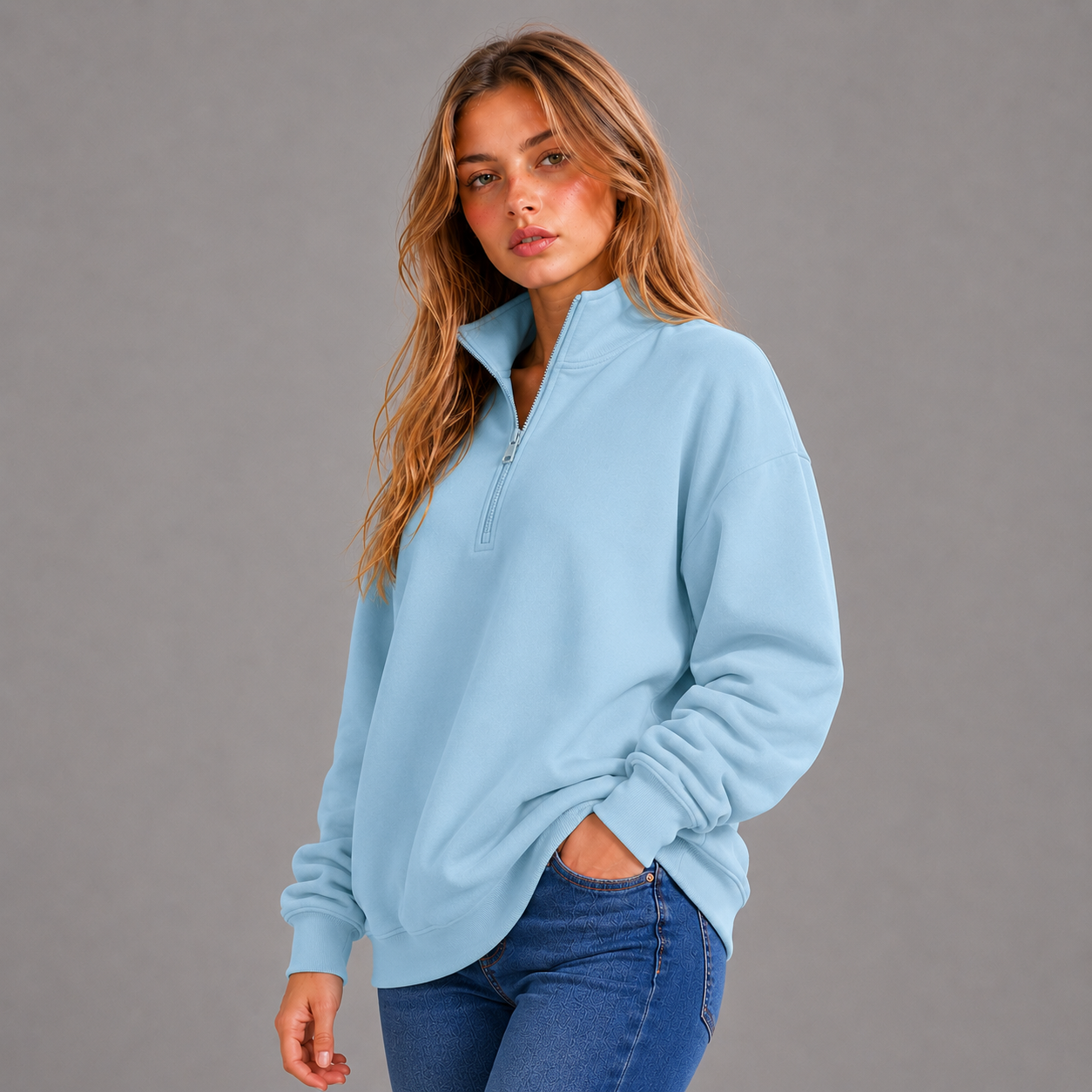 KEYNOO Oversized Quarter Zipper Sweatshirt- Sky Blue