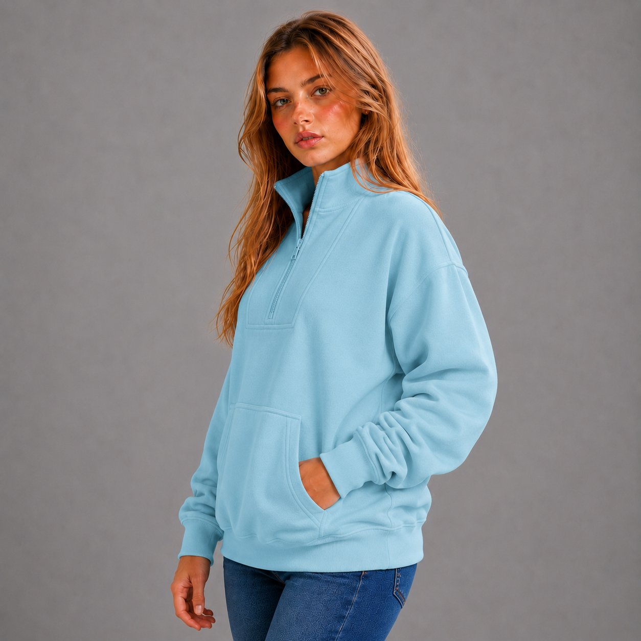 KEYNOO Oversized Half Zip Sweatshirt- Sky Blue