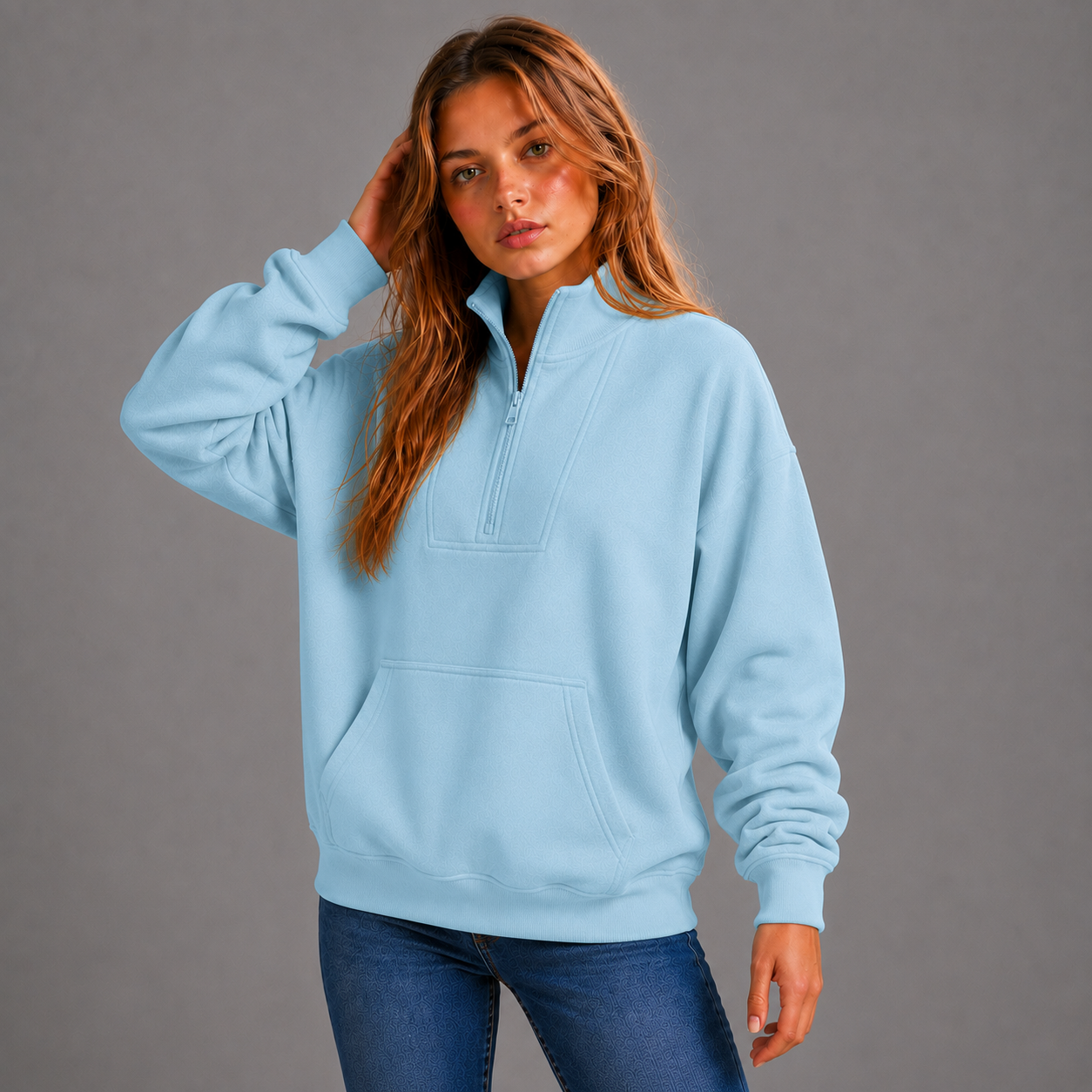 KEYNOO Oversized Half Zip Sweatshirt- Sky Blue