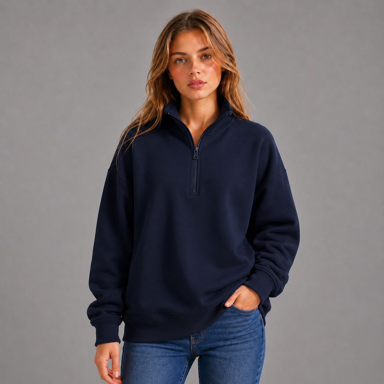 KEYNOO Oversized Quarter Zipper Sweatshirt- Navy