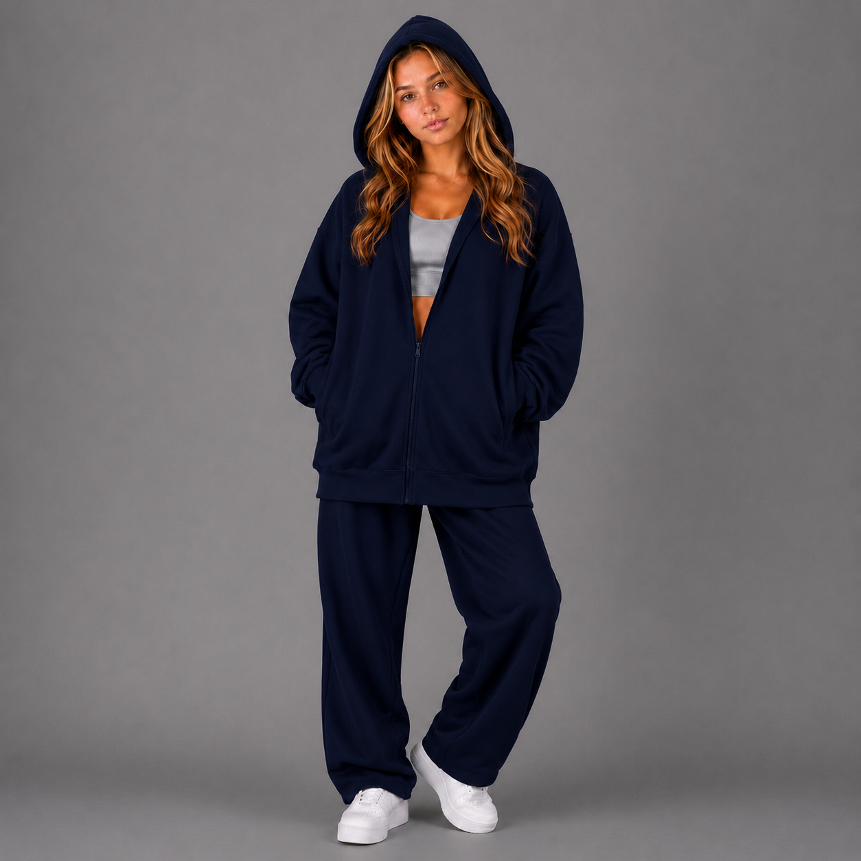Oversized Zip Up Hoodie - Navy