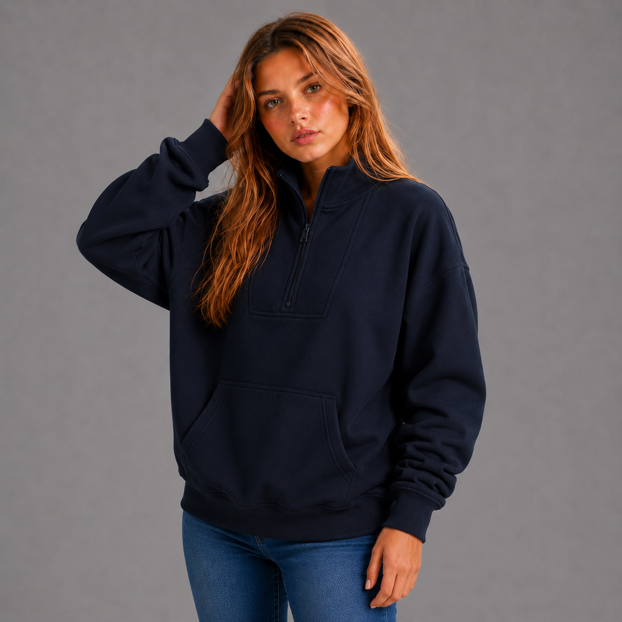 KEYNOO Oversized Half Zip Sweatshirt- Navy