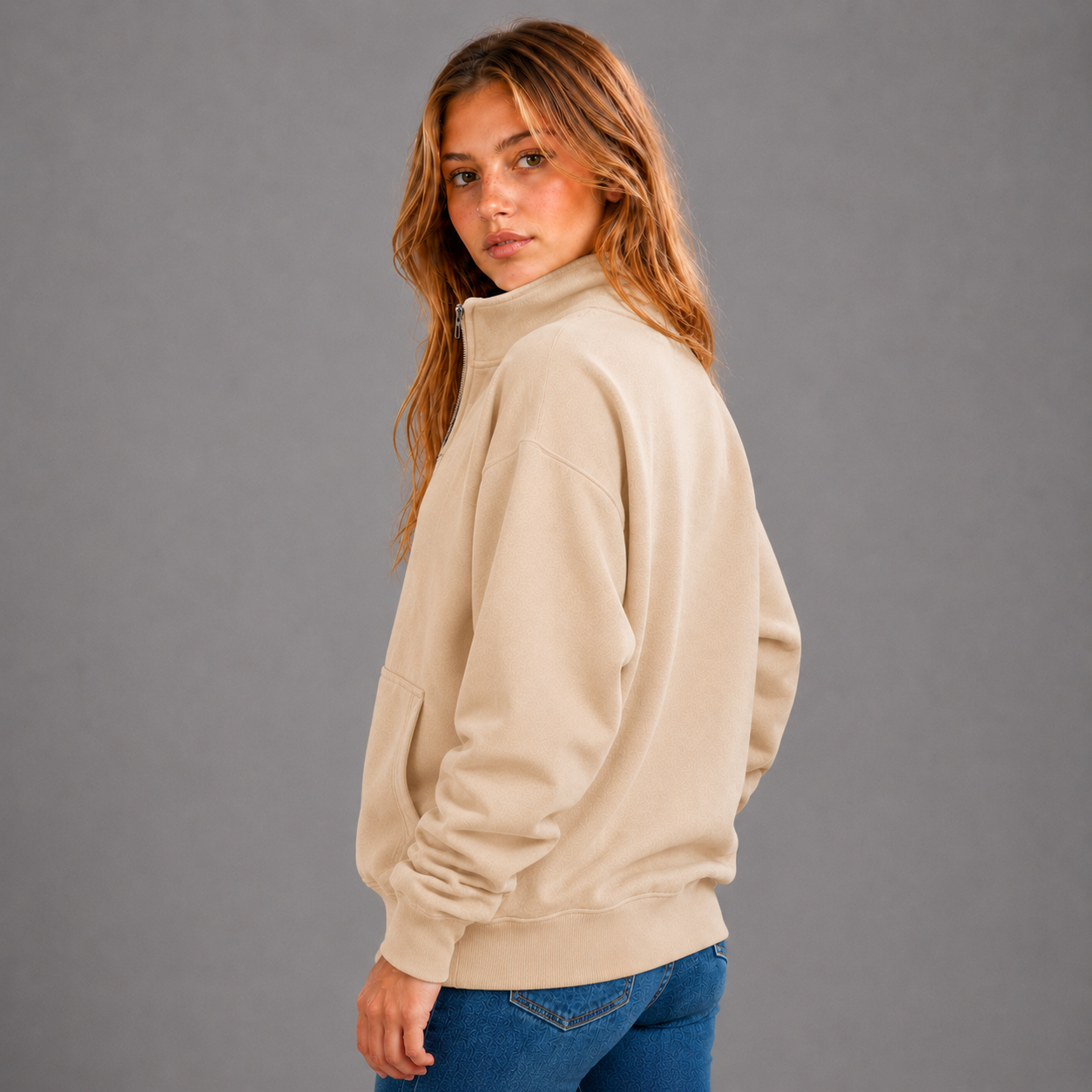 KEYNOO Oversized Half Zip Sweatshirt- Oatmeal