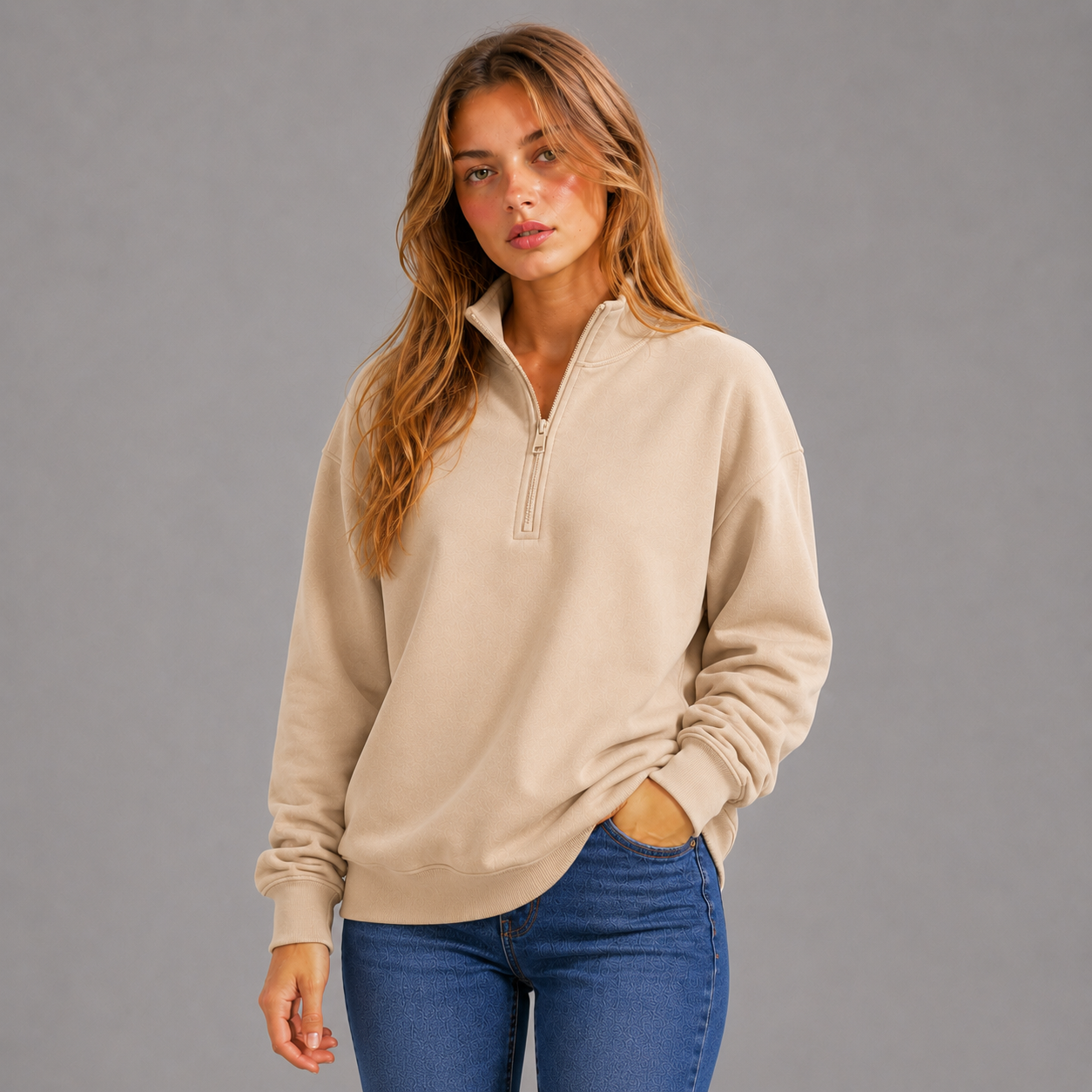 KEYNOO Oversized Quarter Zipper Sweatshirt- Oatmeal