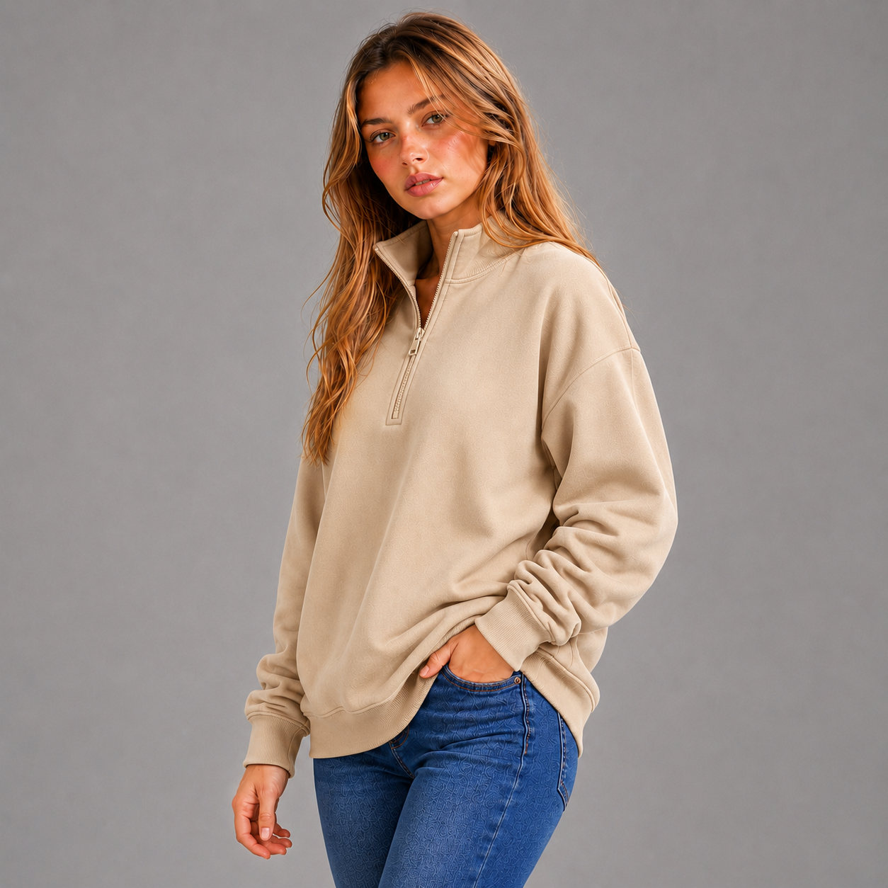 KEYNOO Oversized Quarter Zipper Sweatshirt- Oatmeal