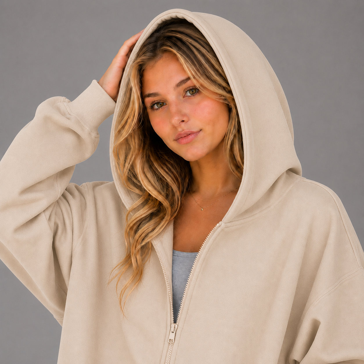 KEYNOO Oversized Zip Up Hoodie - Oatmeal