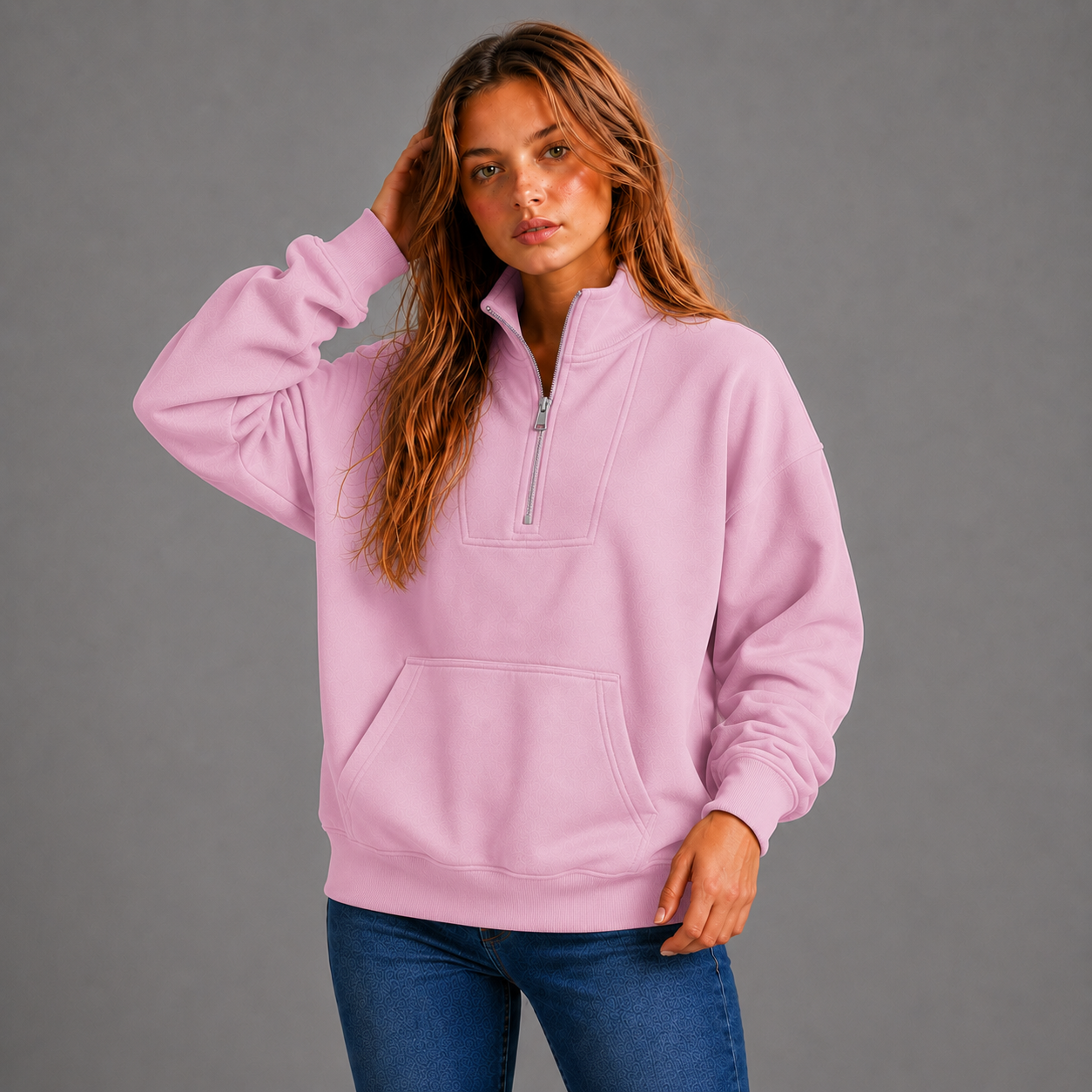 KEYNOO Oversized Half Zip Sweatshirt- Pink
