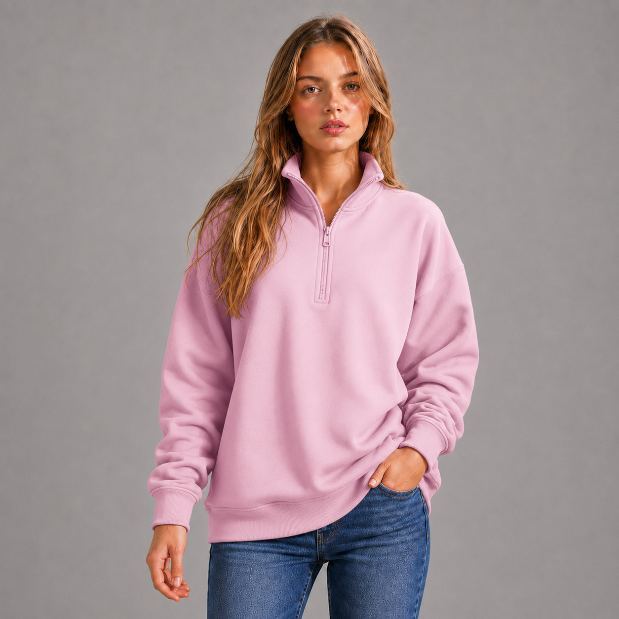 KEYNOO Oversized Quarter Zipper Sweatshirt- Pink