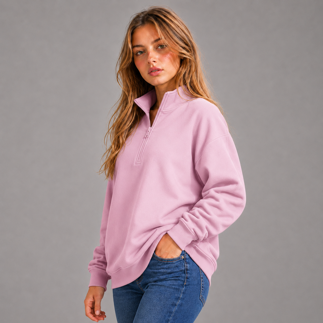 KEYNOO Oversized Quarter Zipper Sweatshirt- Pink