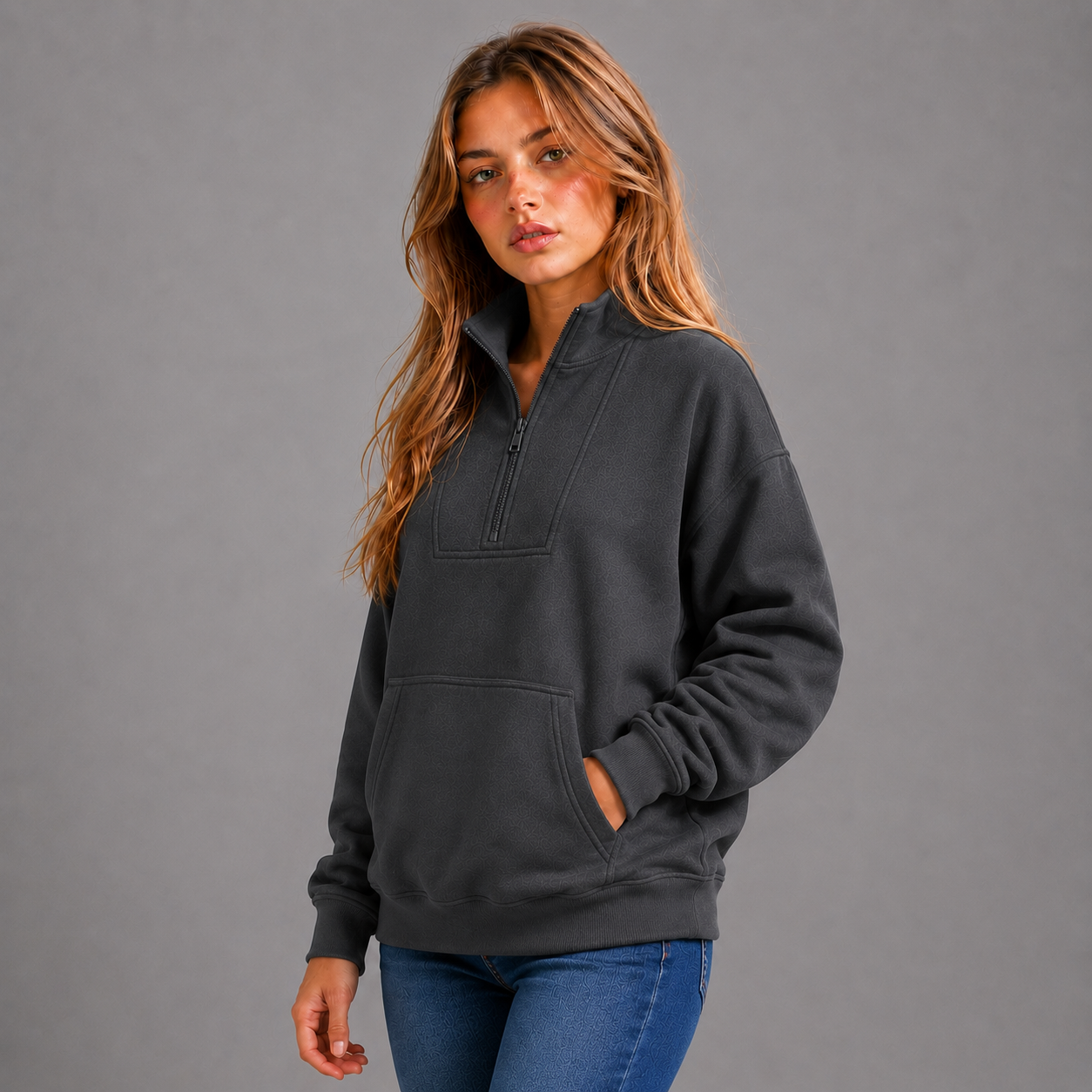 KEYNOO Oversized Half Zip Sweatshirt- Slate Gray