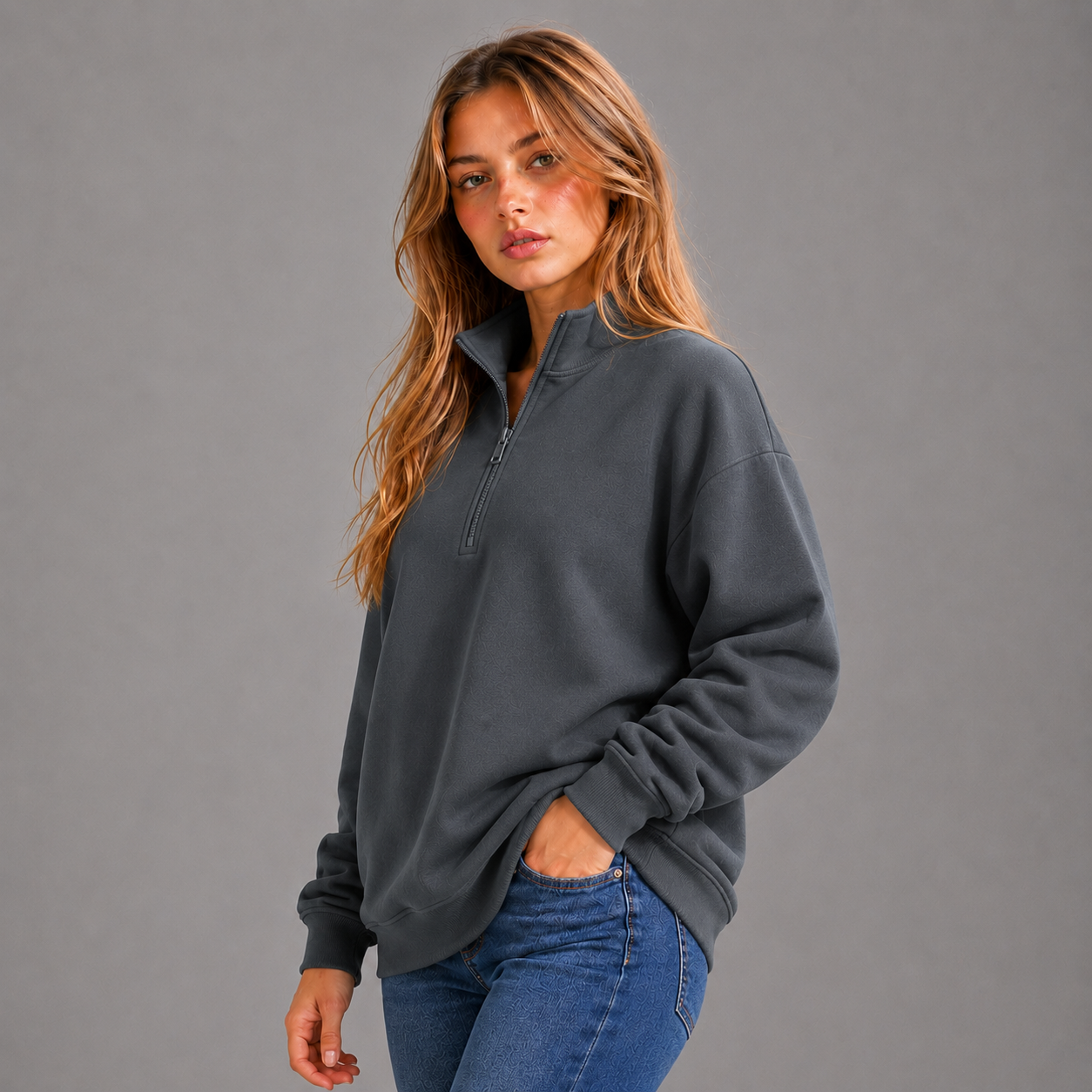 KEYNOO Oversized Quarter Zipper Sweatshirt- Slate Gray