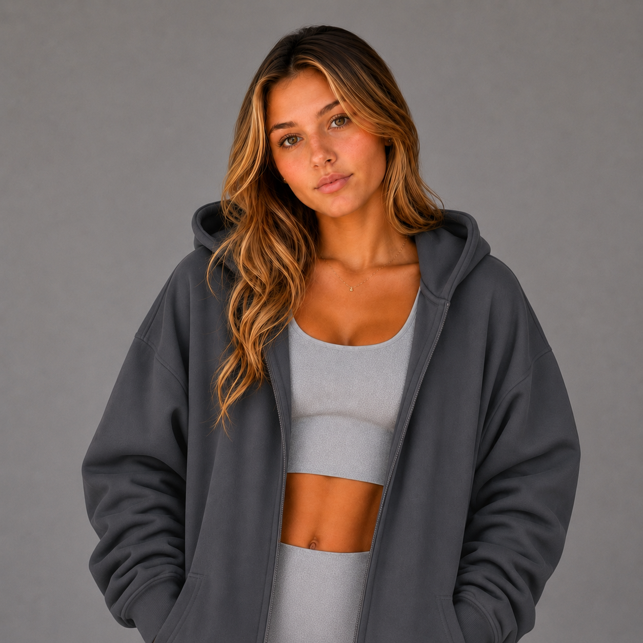 KEYNOO Oversized Zip Up Hoodie - Slate Gray
